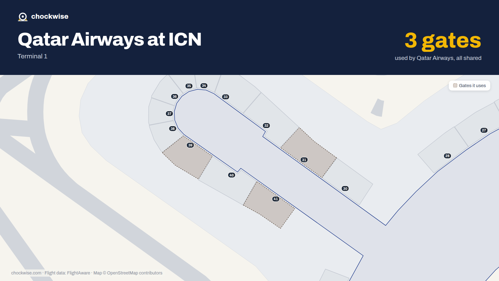 Map of ICN with the gates Qatar Airways uses highlighted: 31, 39 and 41.
