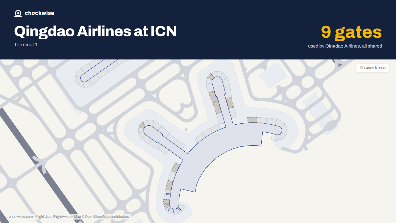 Map of ICN with the gates Qingdao Airlines uses highlighted: 11, 14, 20, 23, 24, 36, 42, 45 and 1 more.