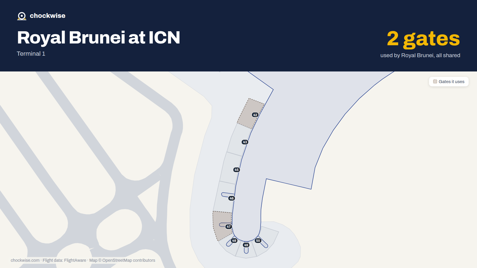 Map of ICN with the gates Royal Brunei Airlines uses highlighted: 42 and 47.