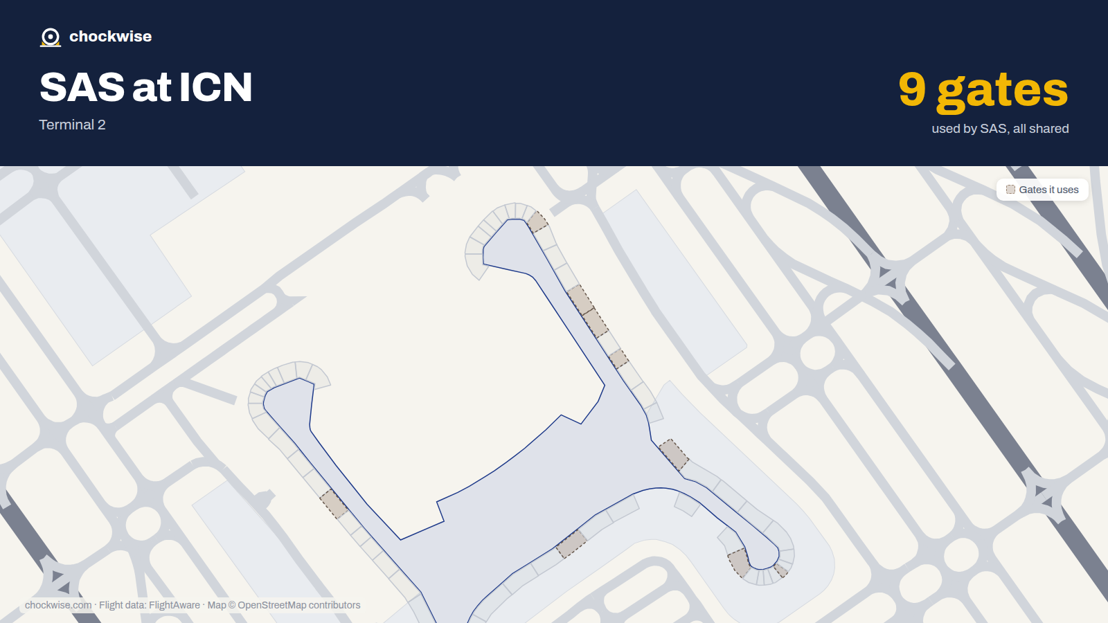 Map of ICN with the gates SAS Scandinavian Airlines uses highlighted: 221, 251, 256, 261, 268, 275, 277, 278 and 1 more.