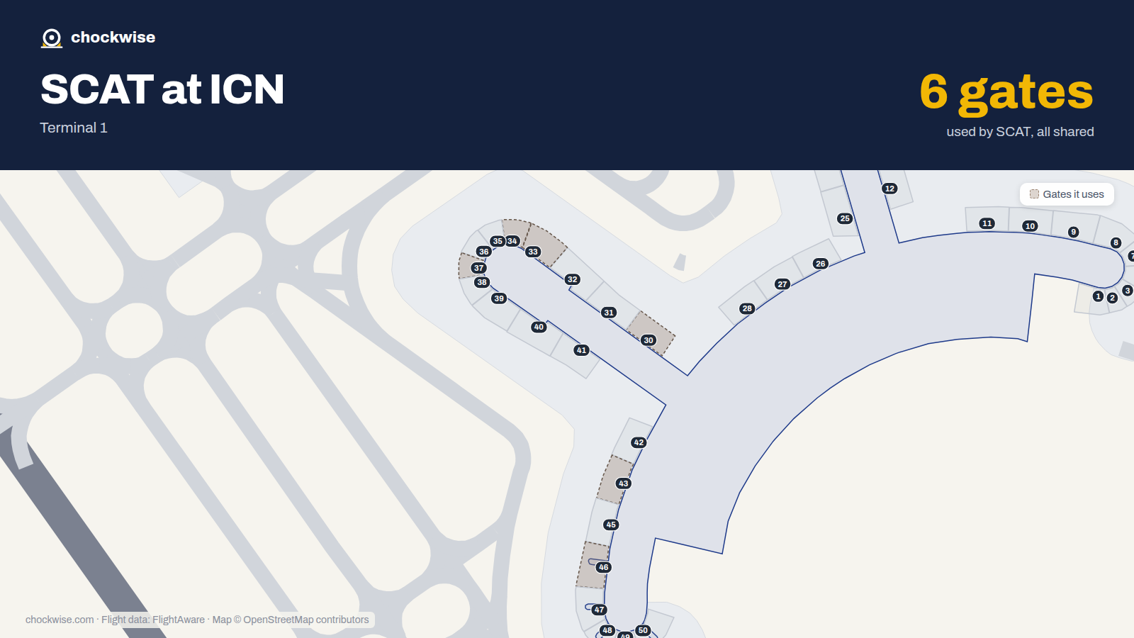 Map of ICN with the gates SCAT Airlines uses highlighted: 30, 33, 34, 37, 43 and 46.