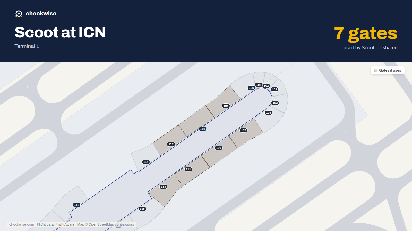 Map of ICN with the gates Scoot uses highlighted: 107, 108, 109, 110, 111, 112 and 113.
