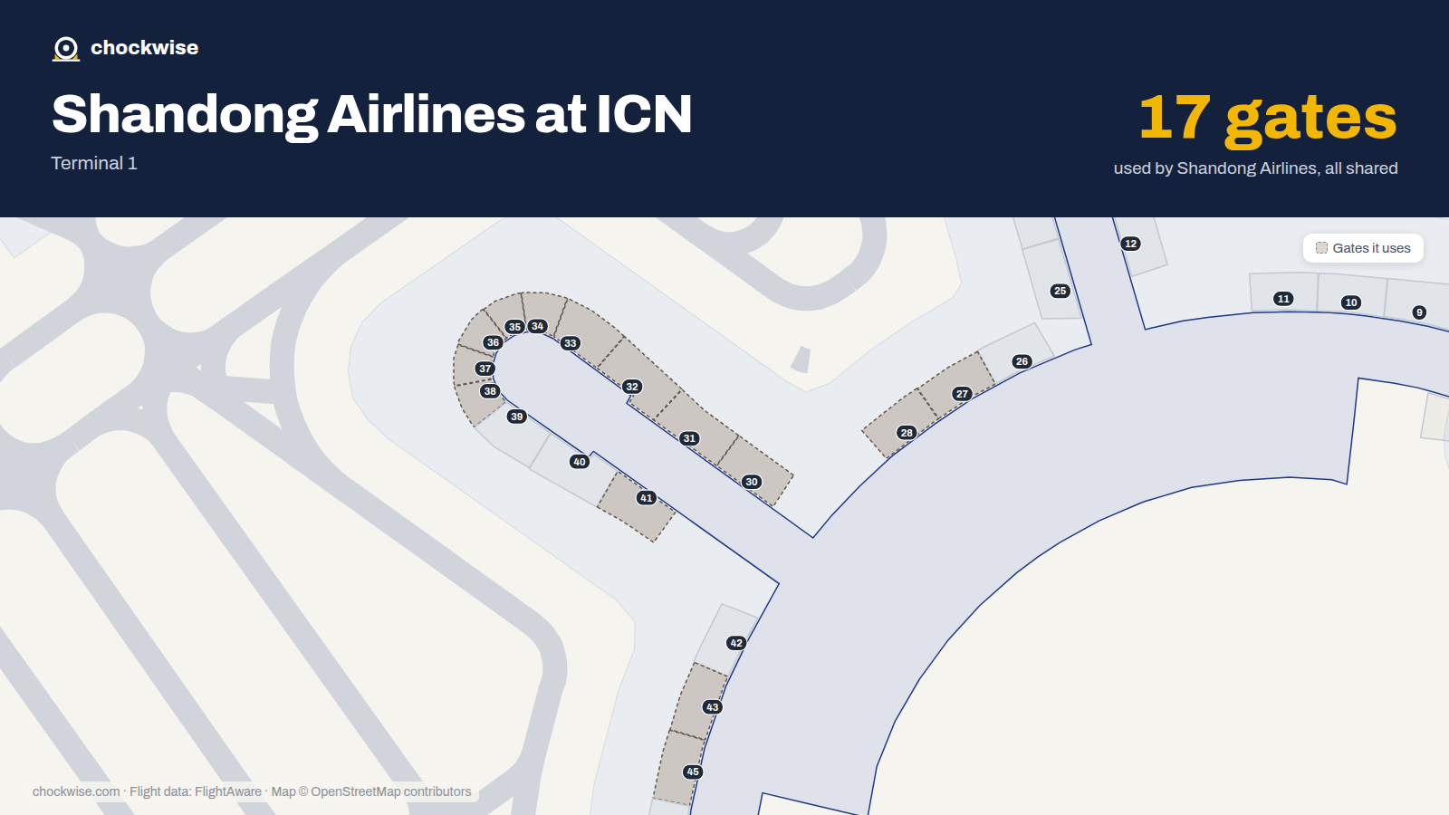 Map of ICN with the gates Shandong Airlines uses highlighted: 17, 18, 22, 27, 28, 30, 31, 32 and 9 more.