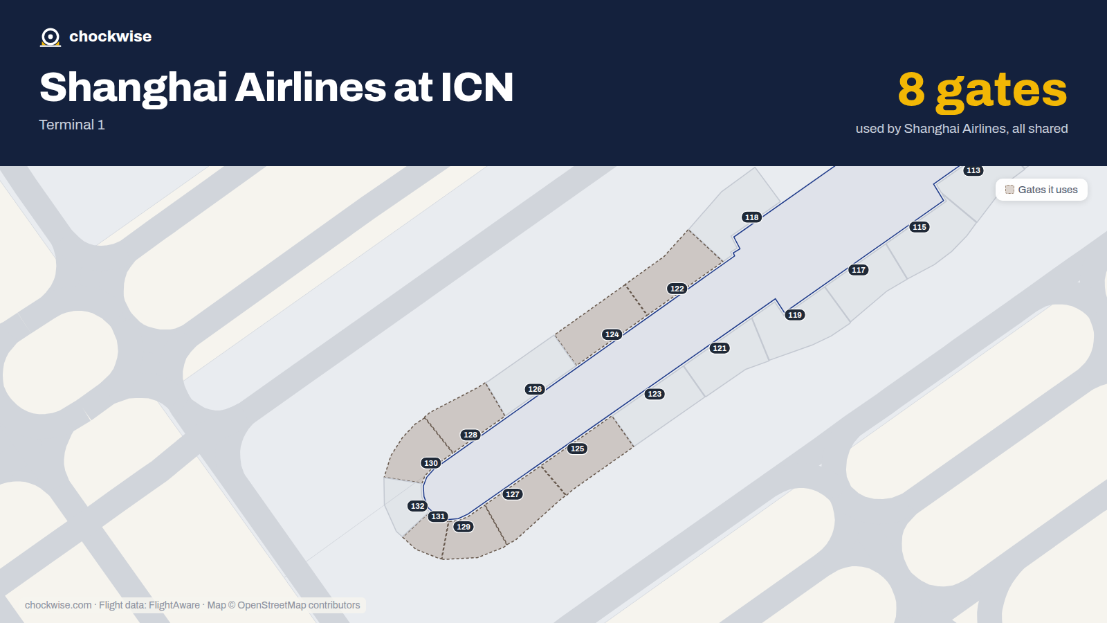 Map of ICN with the gates Shanghai Airlines uses highlighted: 122, 124, 125, 127, 128, 129, 130 and 131.