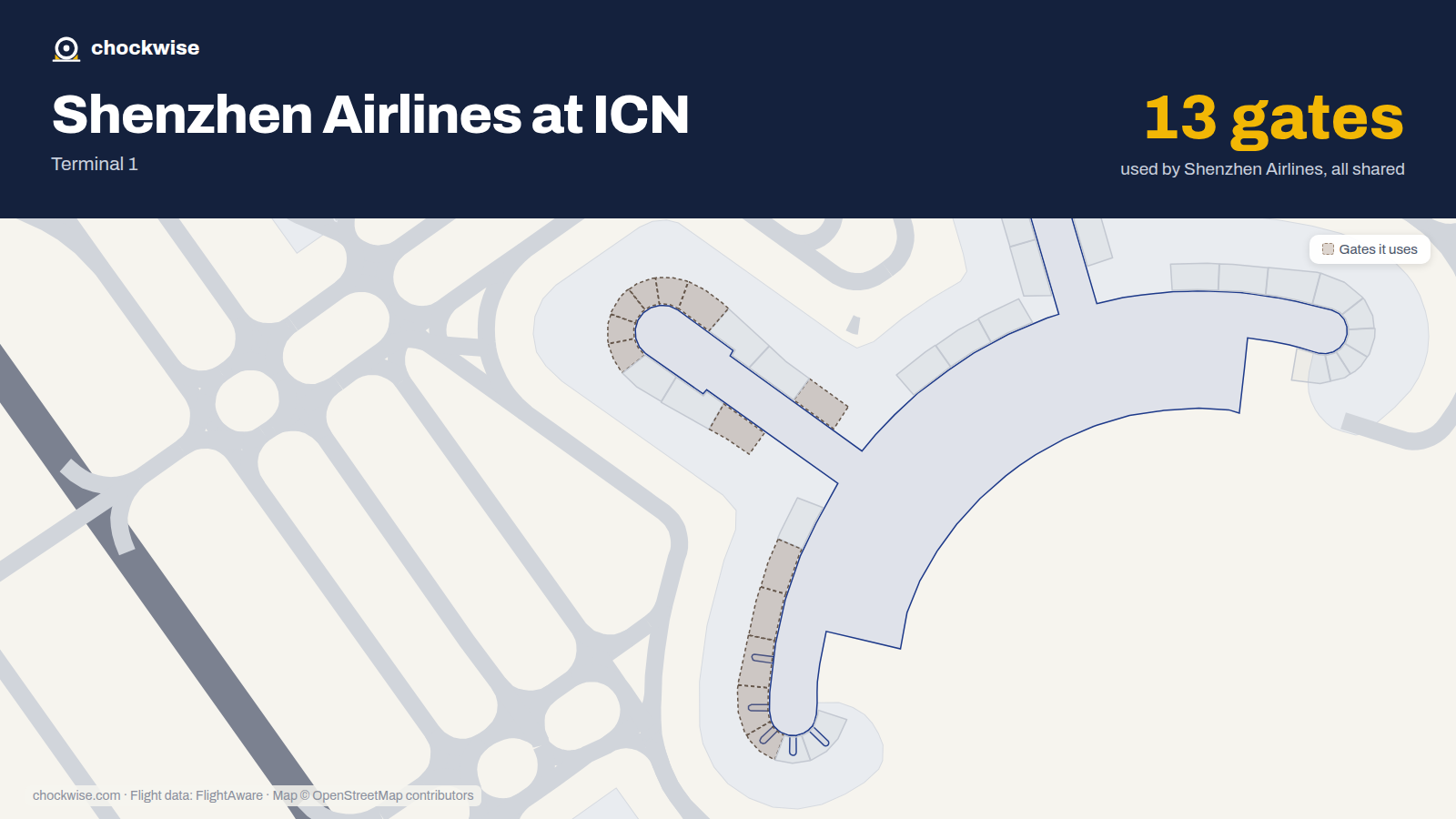 Map of ICN with the gates Shenzhen Airlines uses highlighted: 30, 33, 34, 35, 36, 37, 38, 41 and 5 more.