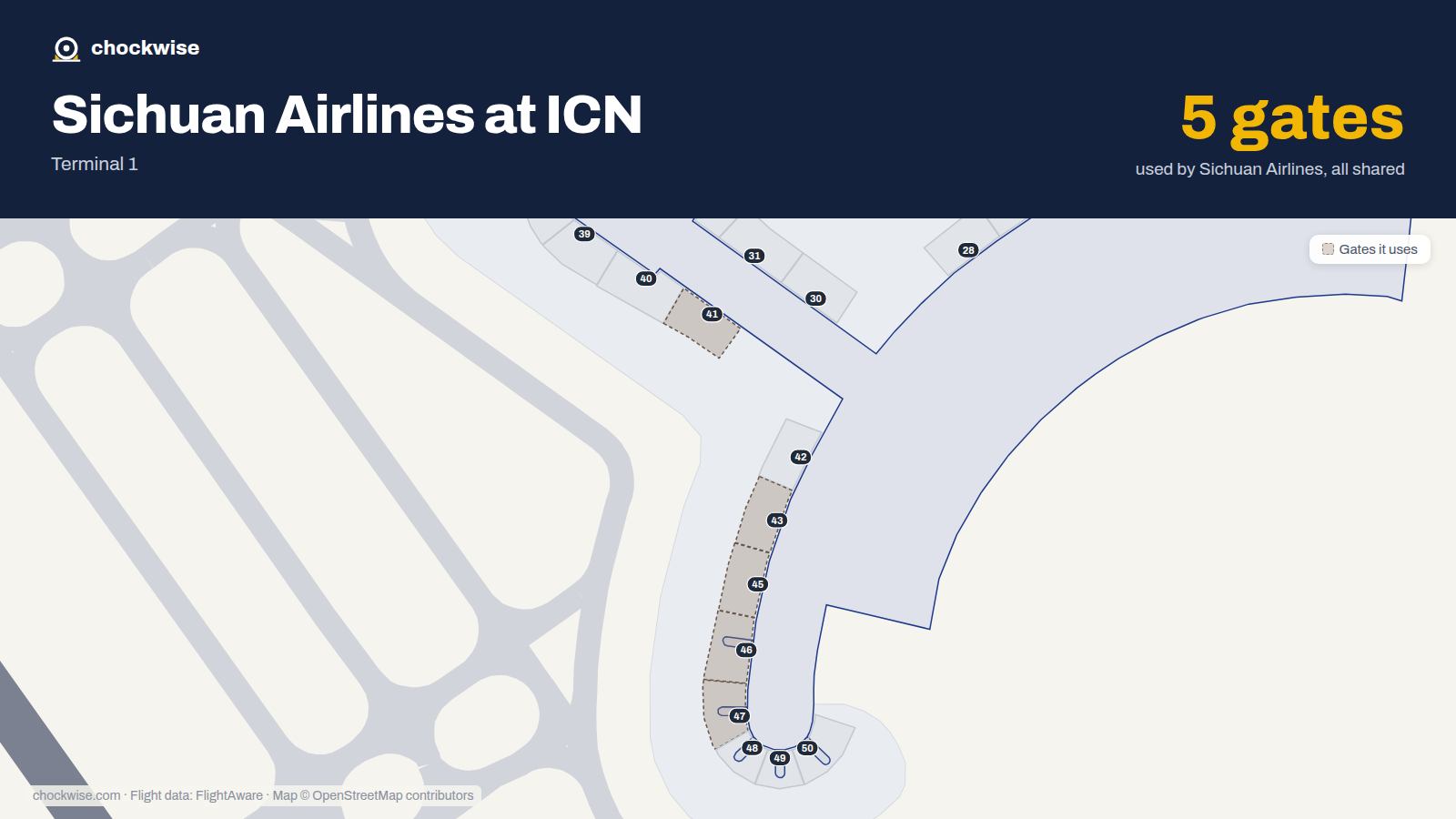 Map of ICN with the gates Sichuan Airlines uses highlighted: 41, 43, 45, 46 and 47.