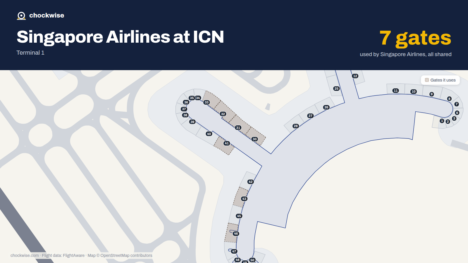 Map of ICN with the gates Singapore Airlines uses highlighted: 30, 31, 32, 33, 41, 43 and 46.