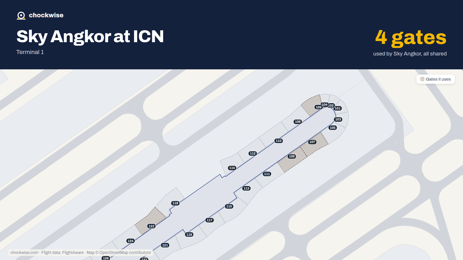 Map of ICN with the gates Sky Angkor Airlines uses highlighted: 106, 107, 109 and 122.