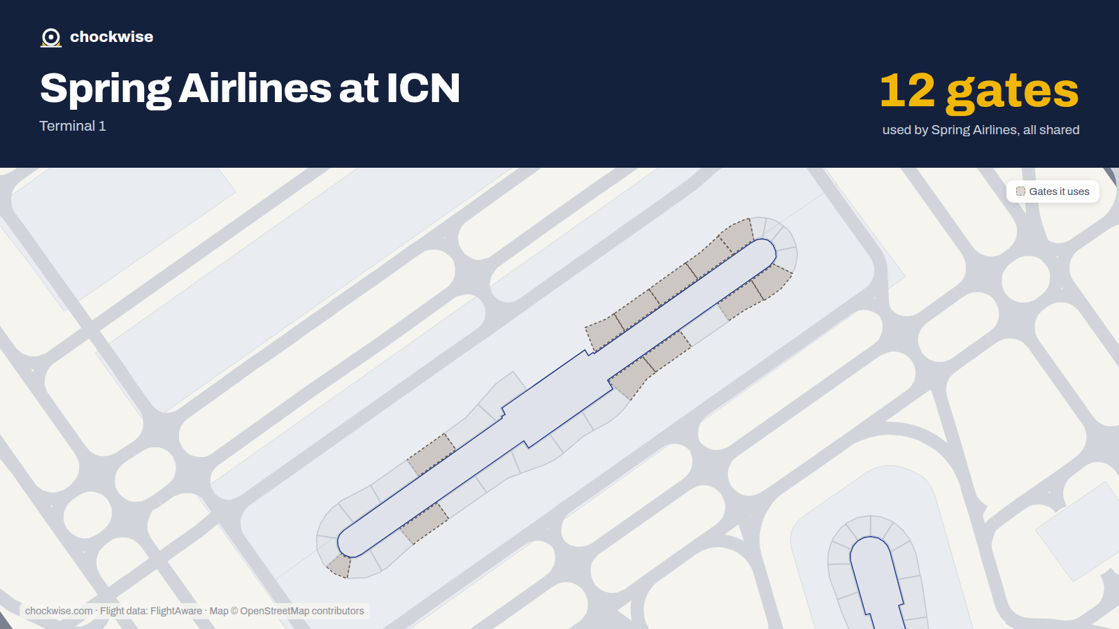Map of ICN with the gates Spring Airlines uses highlighted: 105, 106, 107, 108, 110, 111, 112, 113 and 4 more.