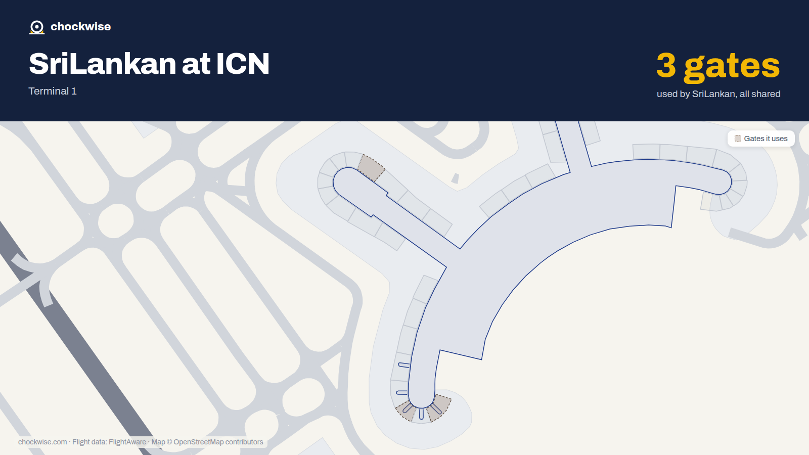 Map of ICN with the gates SriLankan Airlines uses highlighted: 33, 48 and 50.