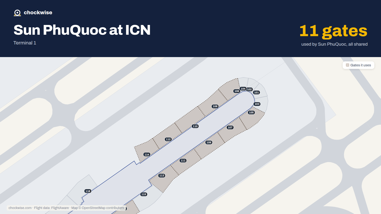 Map of ICN with the gates Sun PhuQuoc Airways uses highlighted: 105, 106, 107, 108, 109, 110, 111, 112 and 3 more.