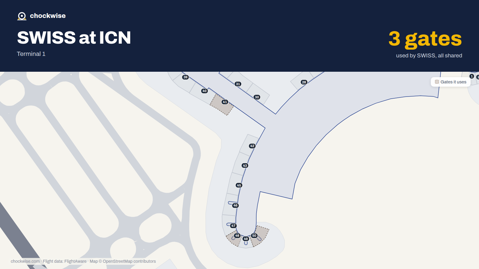 Map of ICN with the gates SWISS uses highlighted: 41, 48 and 50.