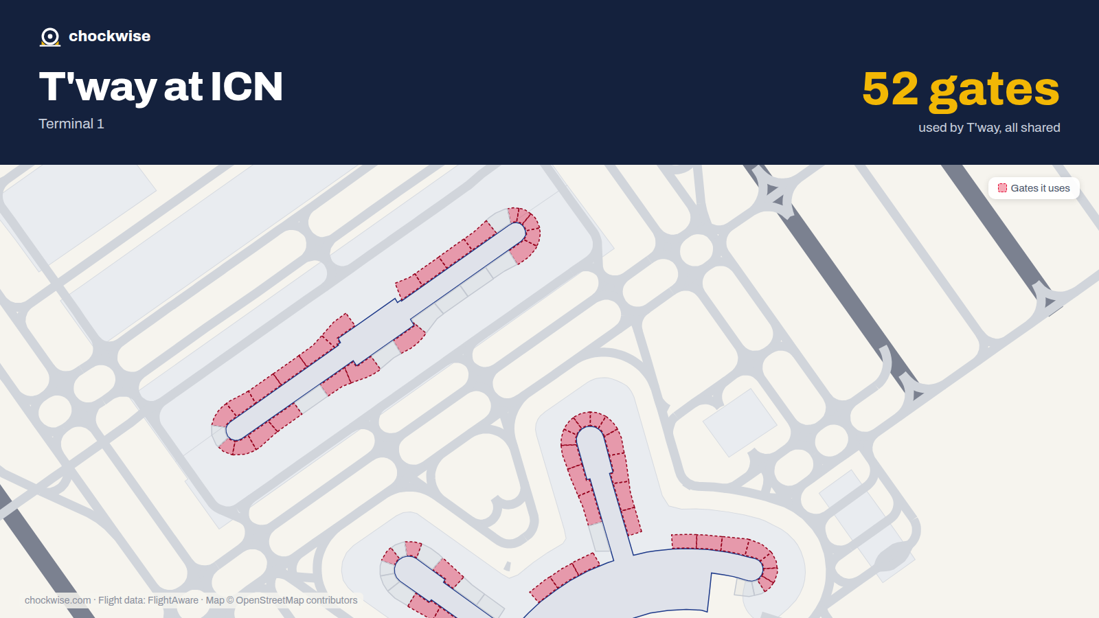 Map of ICN with the gates T'way Air uses highlighted: 3, 6, 7, 8, 9, 10, 11, 12 and 44 more.
