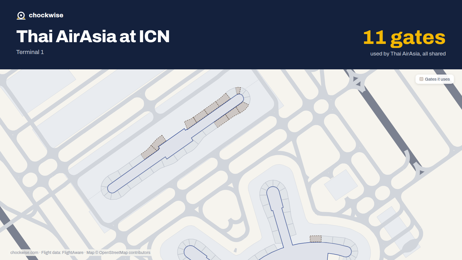 Map of ICN with the gates Thai AirAsia uses highlighted: 11, 104, 105, 107, 108, 109, 110, 112 and 3 more.