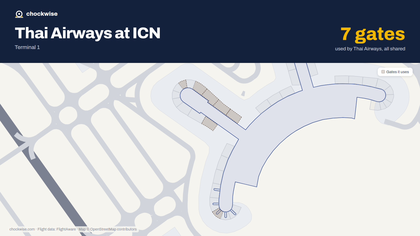 Map of ICN with the gates Thai Airways uses highlighted: 30, 31, 32, 33, 35, 41 and 48.