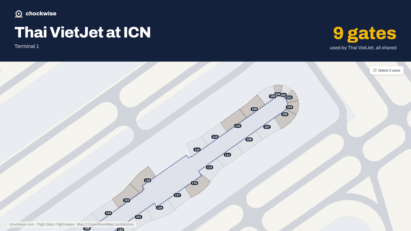 Map of ICN with the gates Thai VietJet Air uses highlighted: 101, 103, 104, 105, 108, 110, 115, 118 and 1 more.