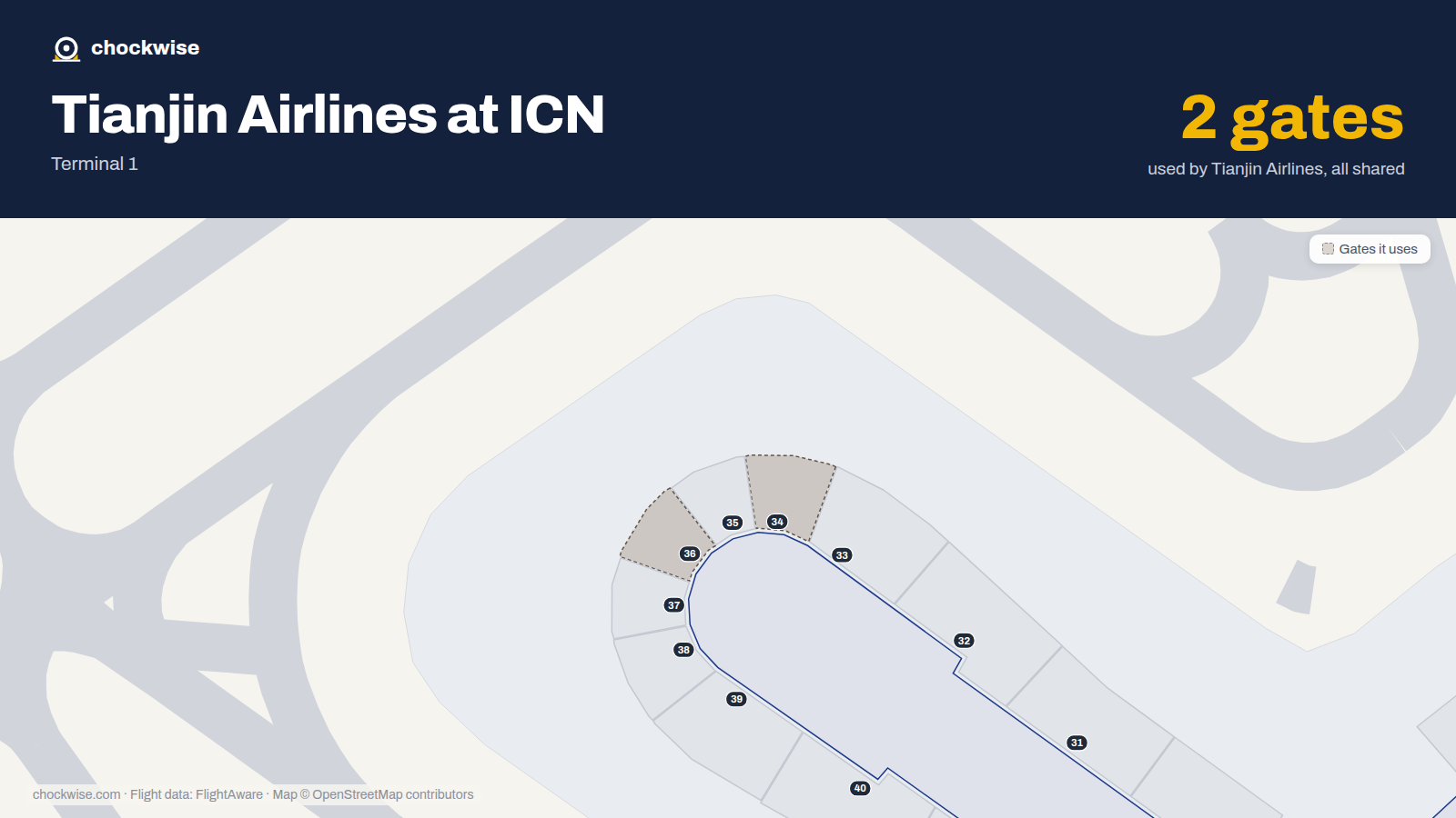 Map of ICN with the gates Tianjin Airlines uses highlighted: 34 and 36.