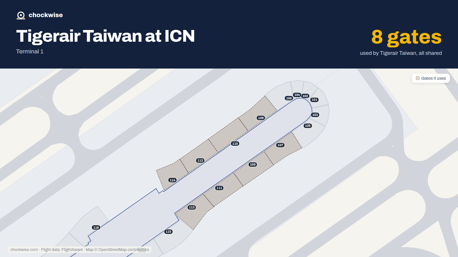 Map of ICN with the gates Tigerair Taiwan uses highlighted: 107, 108, 109, 110, 111, 112, 113 and 114.