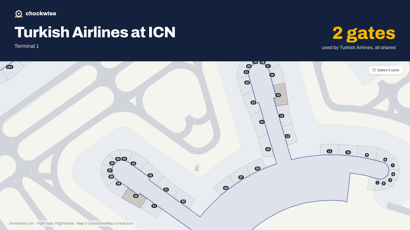 Map of ICN with the gates Turkish Airlines uses highlighted: 15 and 40.