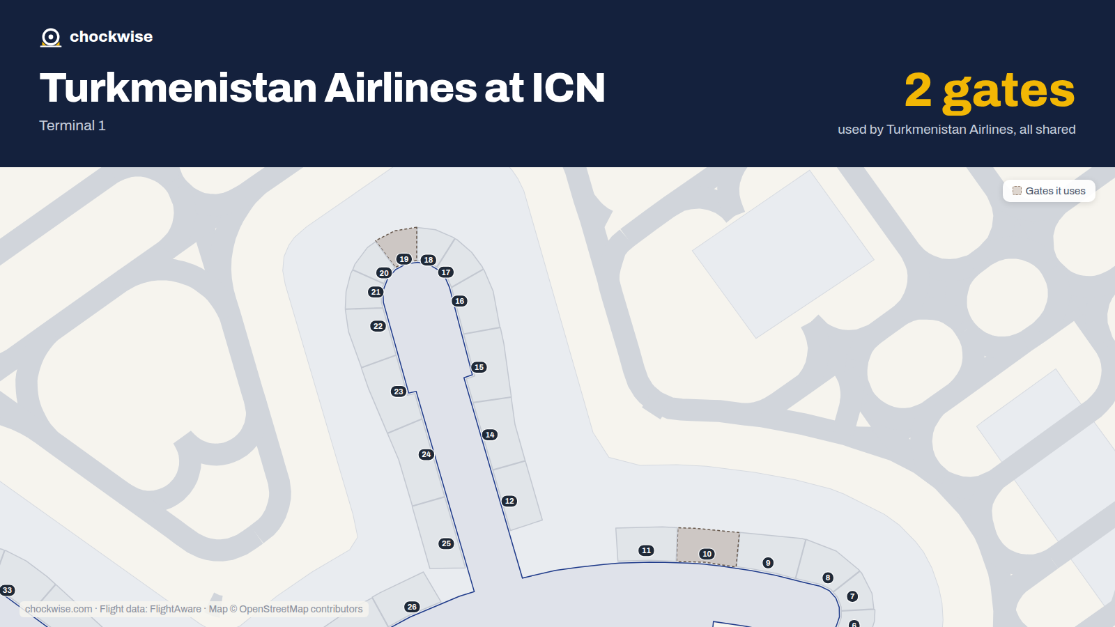 Map of ICN with the gates Turkmenistan Airlines uses highlighted: 10 and 19.