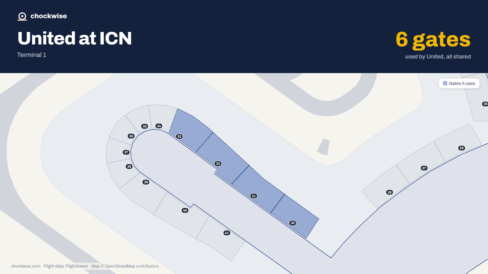 Map of ICN with the gates United Airlines uses highlighted: 6, 19, 30, 31, 32 and 33.