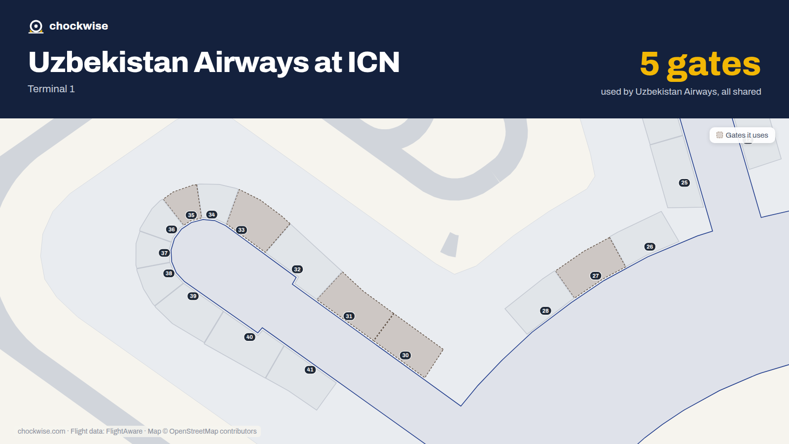 Map of ICN with the gates Uzbekistan Airways uses highlighted: 27, 30, 31, 33 and 35.