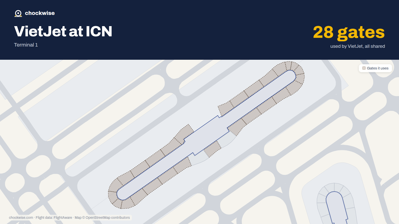 Map of ICN with the gates VietJet Air uses highlighted: 101, 102, 103, 104, 105, 106, 107, 108 and 20 more.