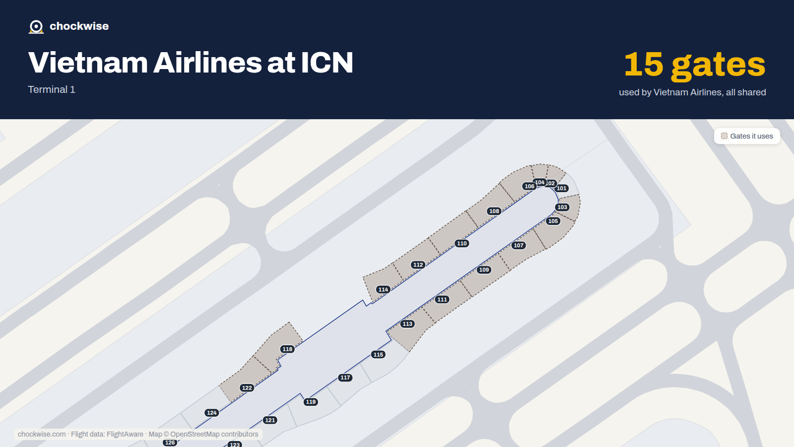 Map of ICN with the gates Vietnam Airlines uses highlighted: 102, 103, 104, 105, 106, 107, 108, 109 and 7 more.