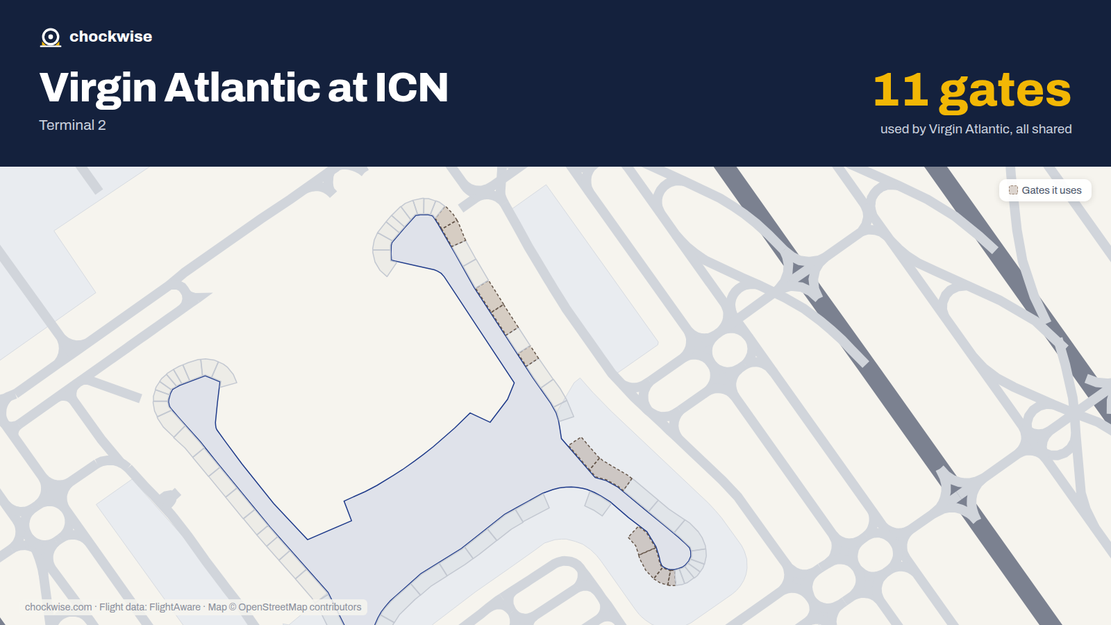 Map of ICN with the gates Virgin Atlantic uses highlighted: 255, 256, 257, 258, 267, 268, 275, 277 and 3 more.
