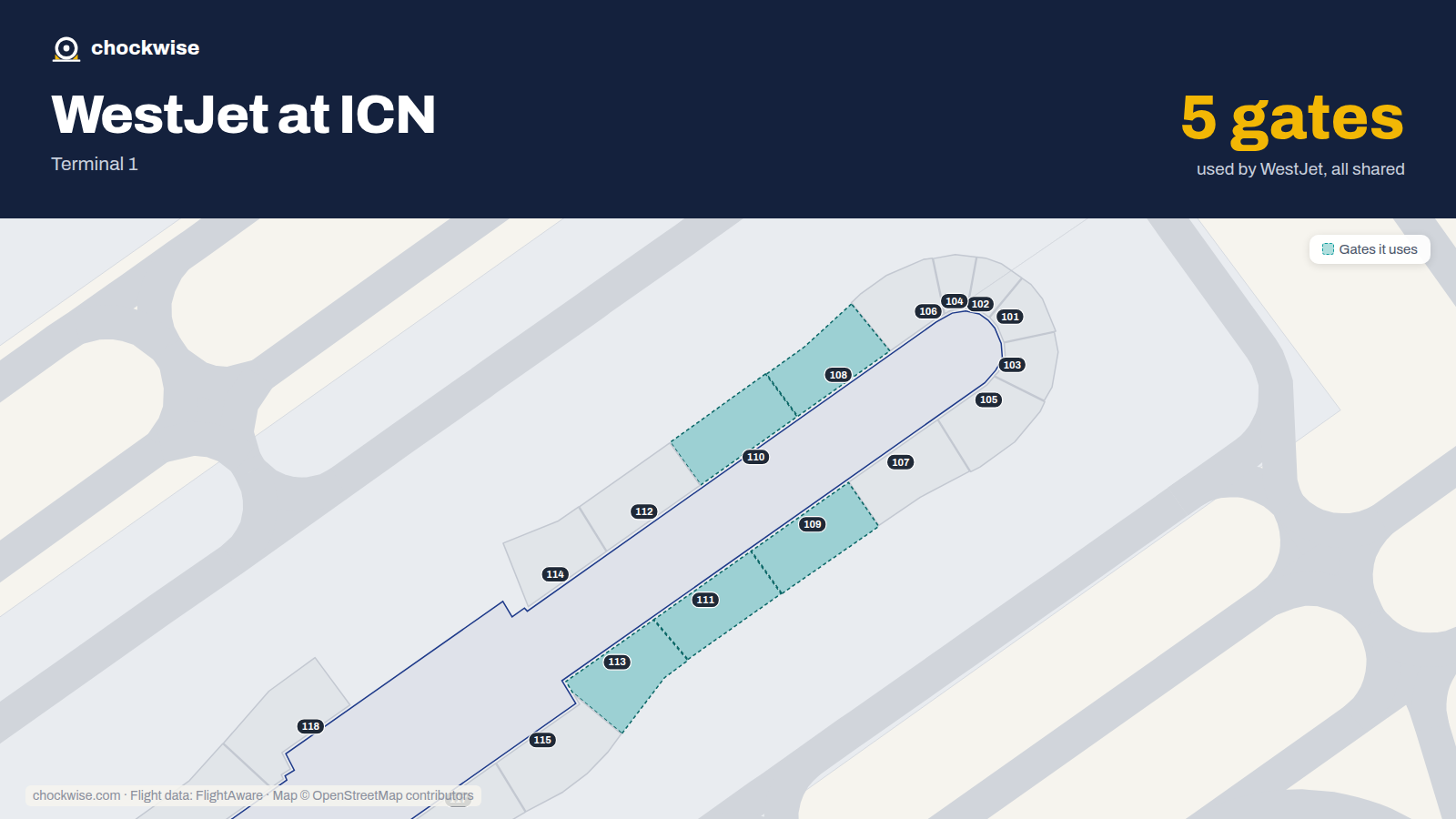 Map of ICN with the gates WestJet uses highlighted: 108, 109, 110, 111 and 113.