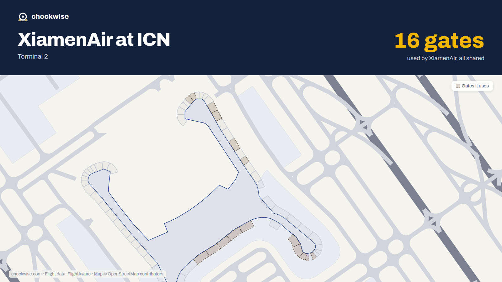 Map of ICN with the gates Xiamen Airlines uses highlighted: 249, 250, 251, 252, 253, 255, 256, 257 and 8 more.