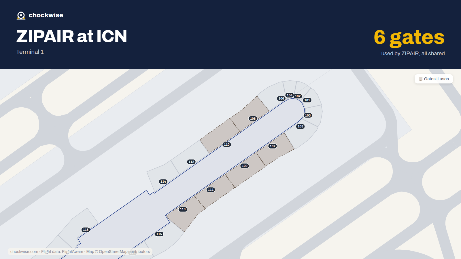 Map of ICN with the gates ZIPAIR uses highlighted: 107, 108, 109, 110, 111 and 113.