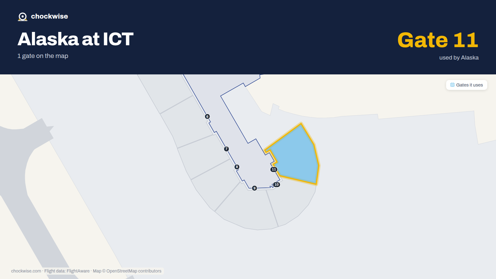 Map of ICT with the gates Alaska Airlines uses highlighted: 11.
