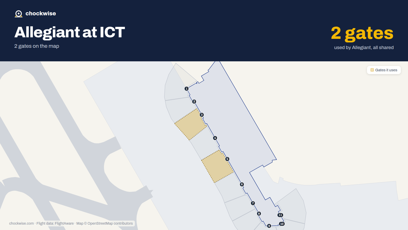 Map of ICT with the gates Allegiant Air uses highlighted: 3 and 5.