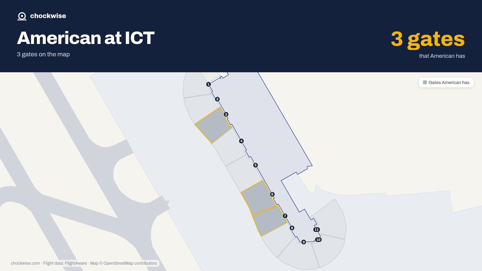 Map of ICT with the gates American Airlines uses highlighted: 3, 6 and 7.