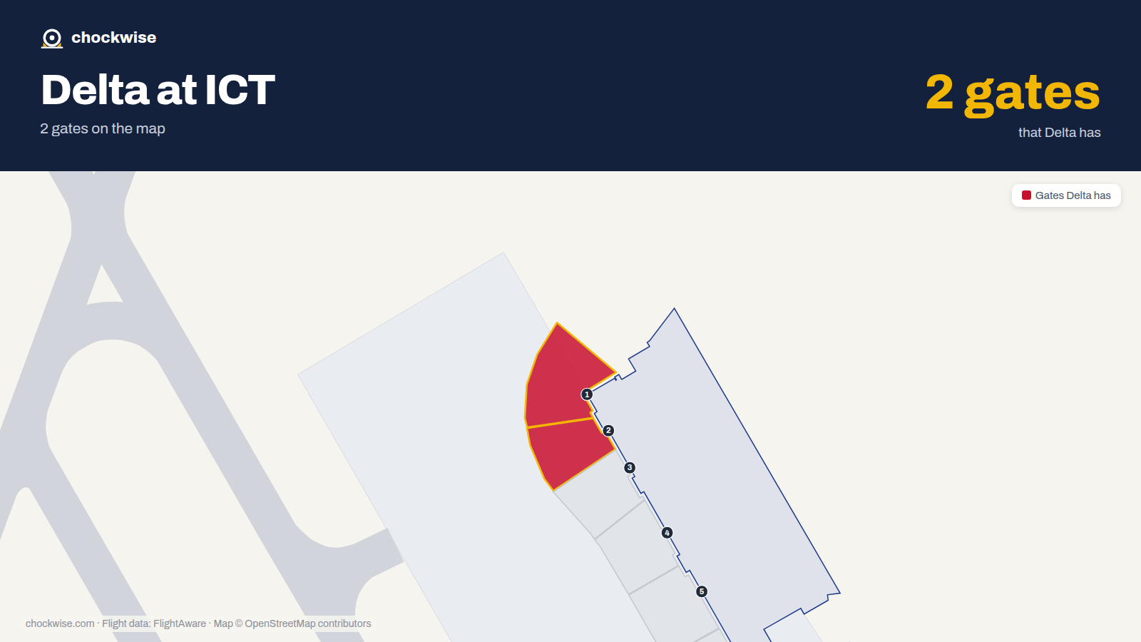 Map of ICT with the gates Delta Air Lines uses highlighted: 1 and 2.