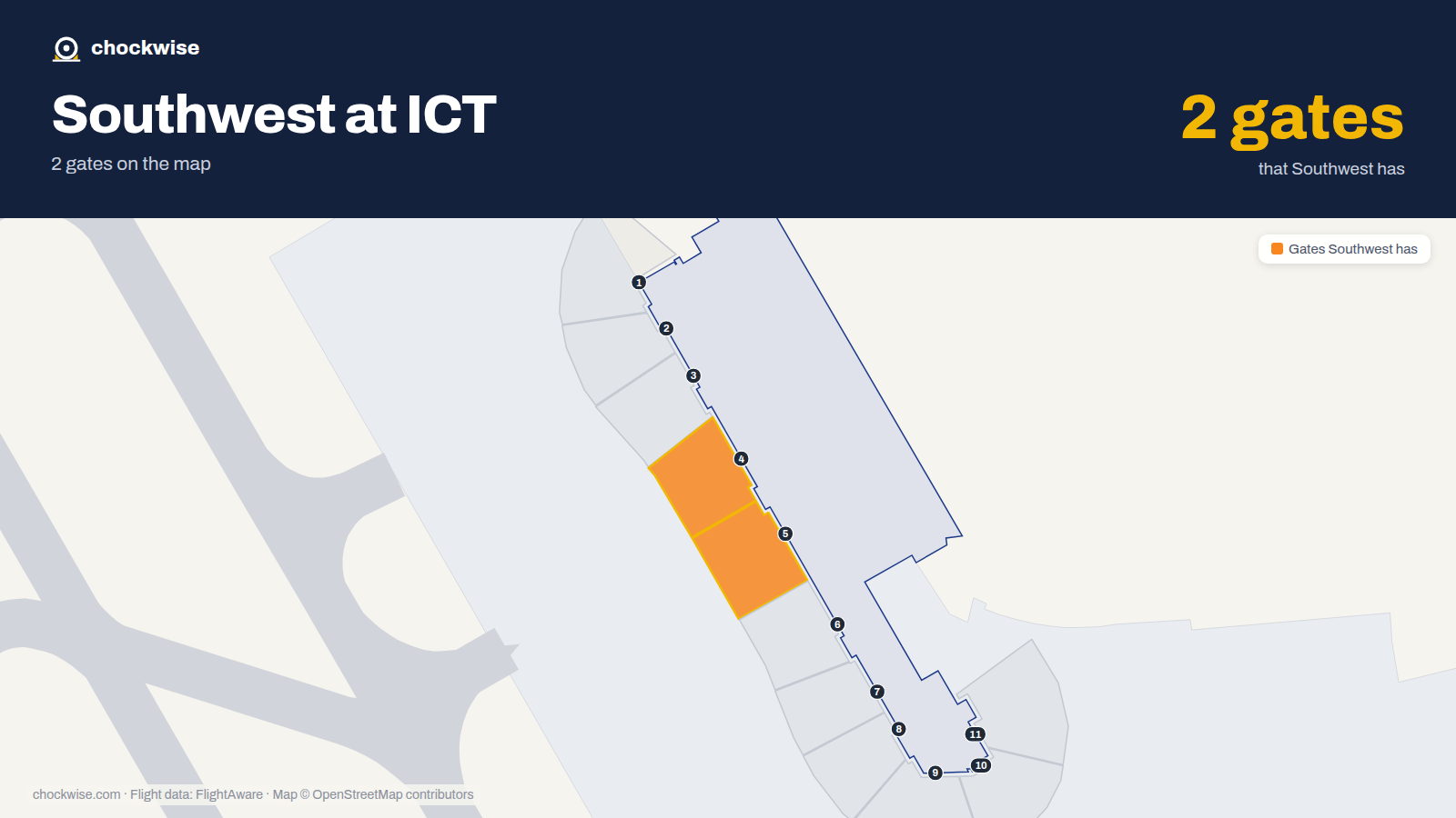 Map of ICT with the gates Southwest Airlines uses highlighted: 4 and 5.