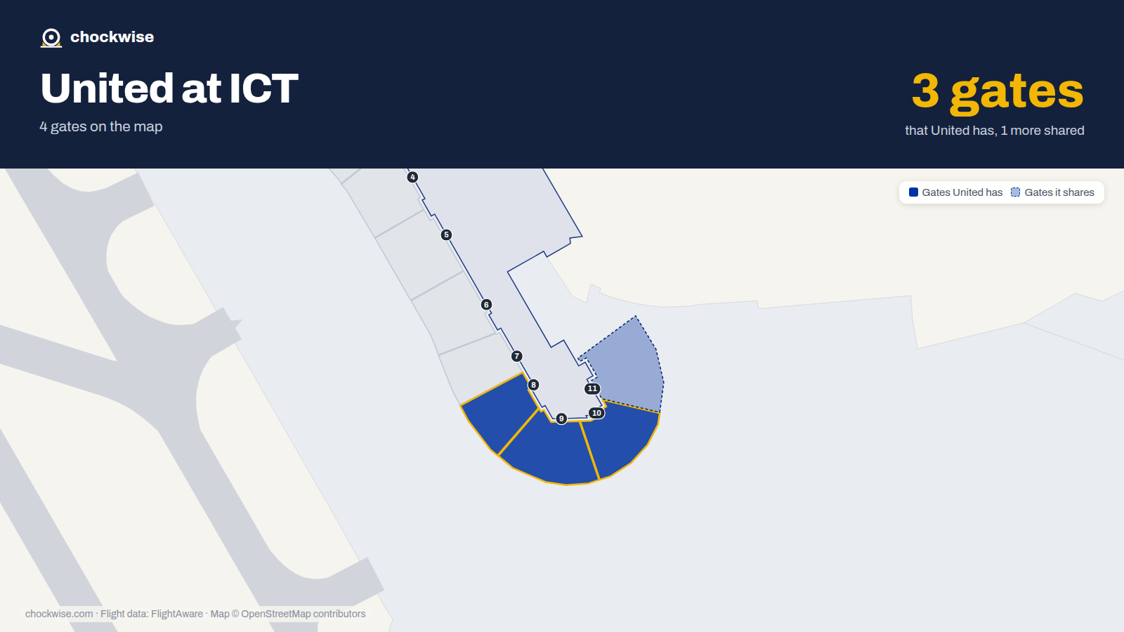 Map of ICT with the gates United Airlines uses highlighted: 8, 9 and 10.
