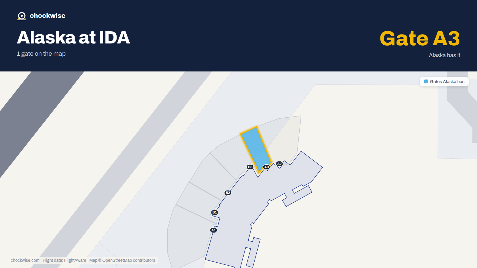 Map of IDA with the gates Alaska Airlines uses highlighted: A3.