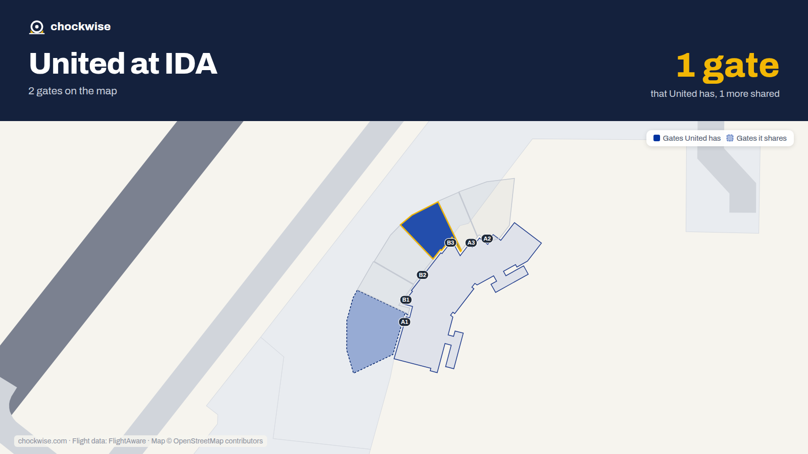 Map of IDA with the gates United Airlines uses highlighted: B3.