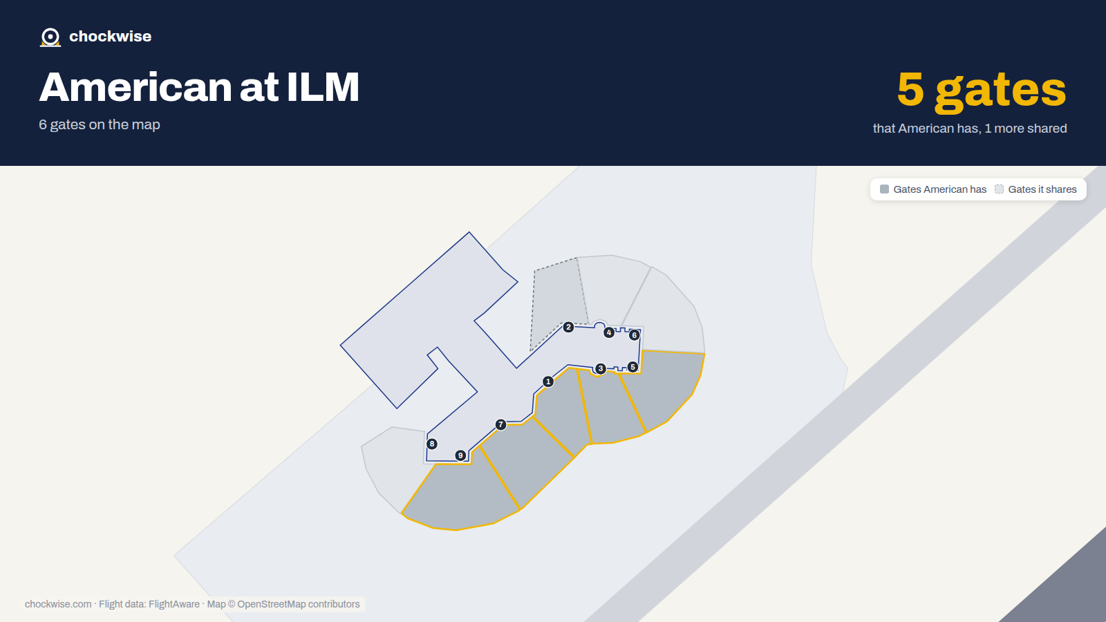 Map of ILM with the gates American Airlines uses highlighted: 1, 3, 5, 7 and 9.