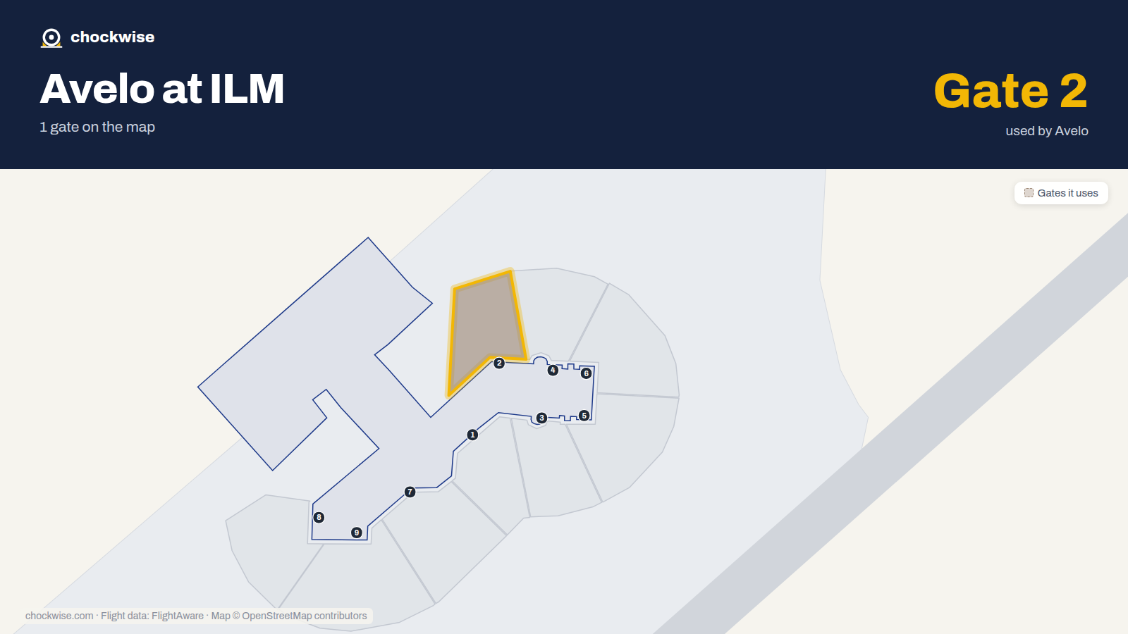 Map of ILM with the gates Avelo Airlines uses highlighted: 2.