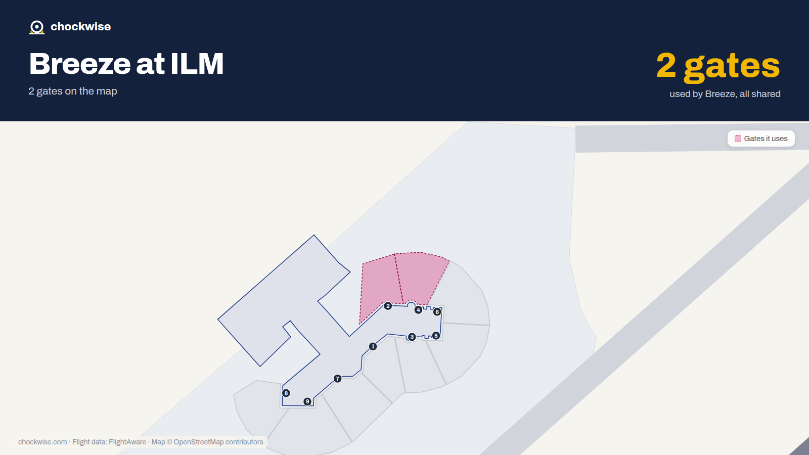 Map of ILM with the gates Breeze Airways uses highlighted: 2 and 4.