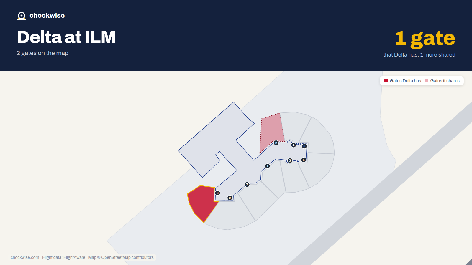 Map of ILM with the gates Delta Air Lines uses highlighted: 8.