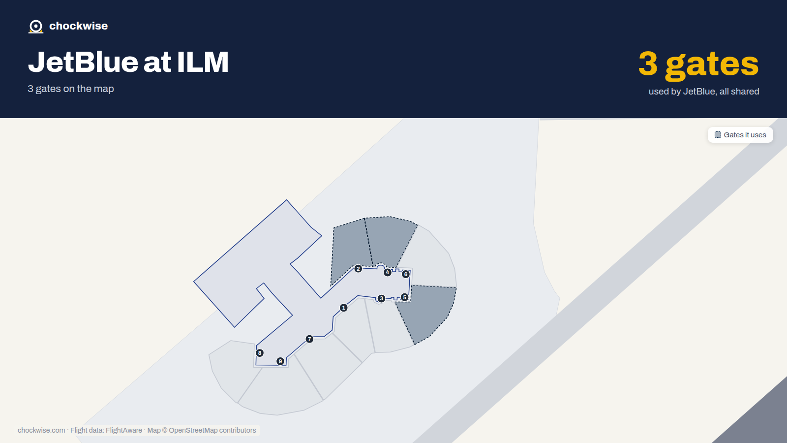 Map of ILM with the gates JetBlue uses highlighted: 2, 4 and 5.
