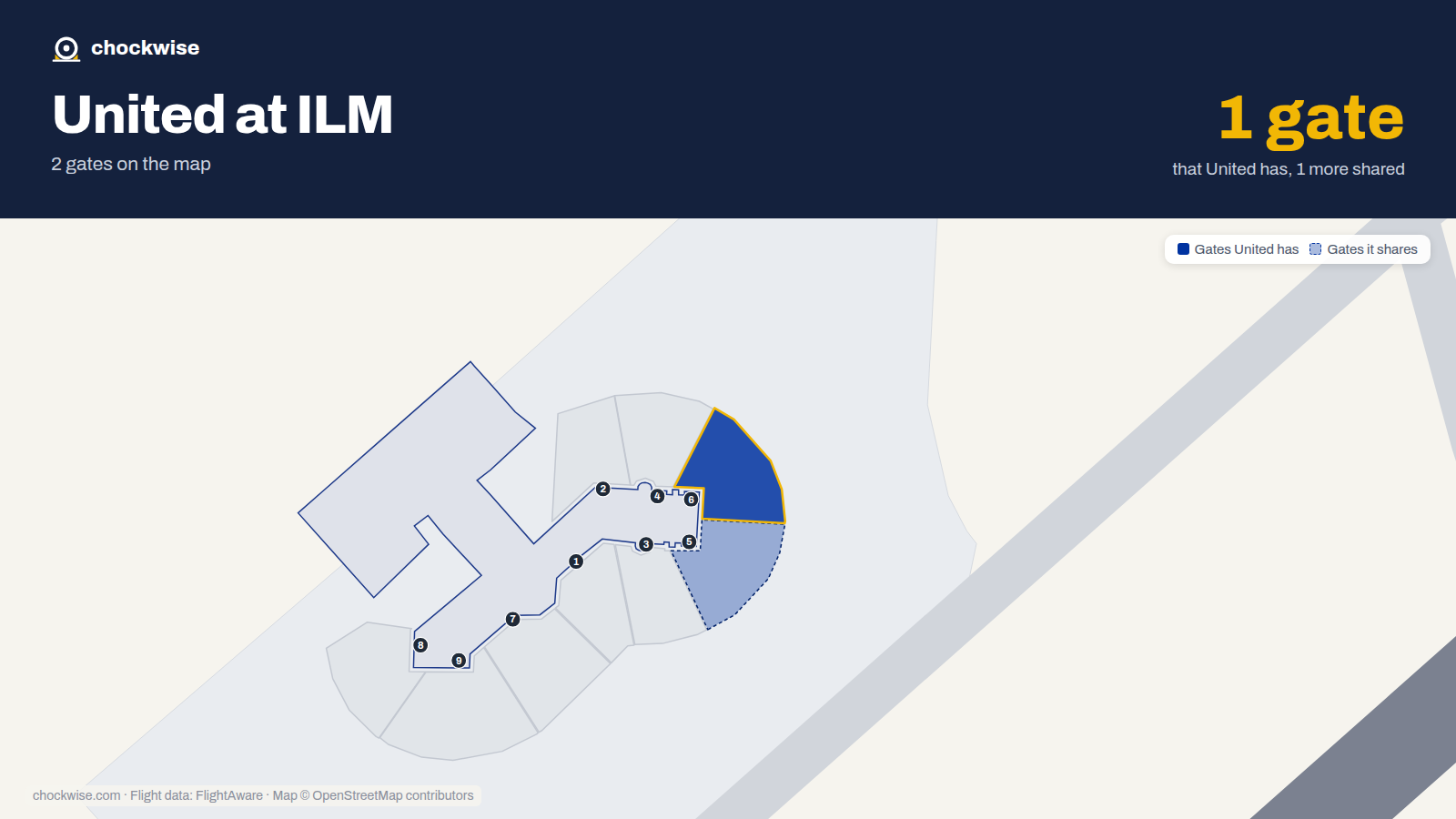 Map of ILM with the gates United Airlines uses highlighted: 6.