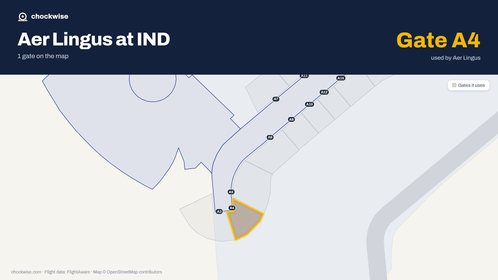 Map of IND with the gates Aer Lingus uses highlighted: A4.
