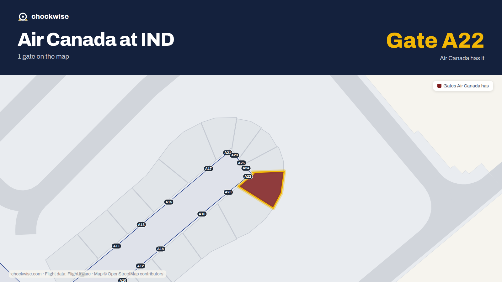 Map of IND with the gates Air Canada uses highlighted: A22.