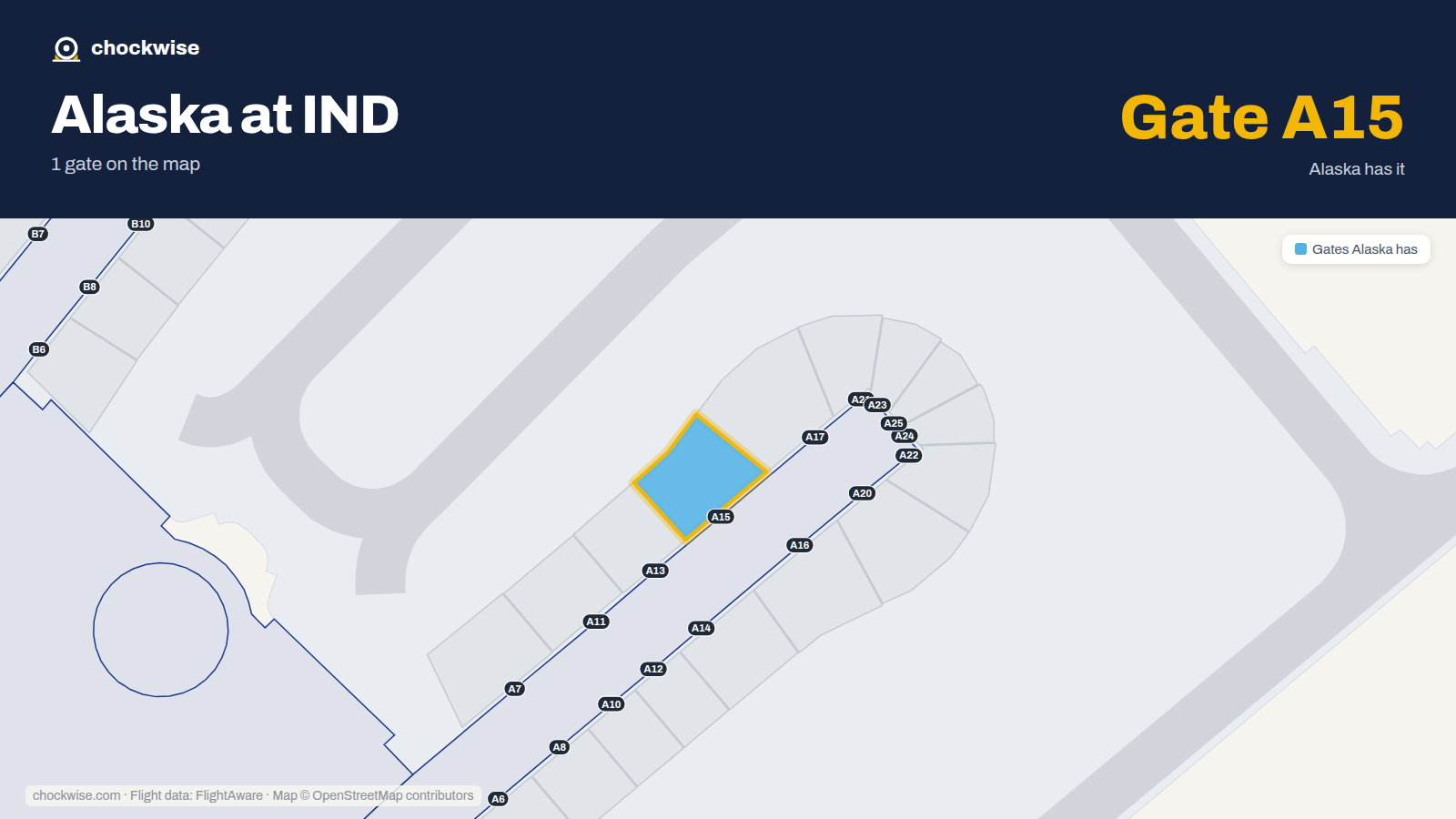 Map of IND with the gates Alaska Airlines uses highlighted: A15.