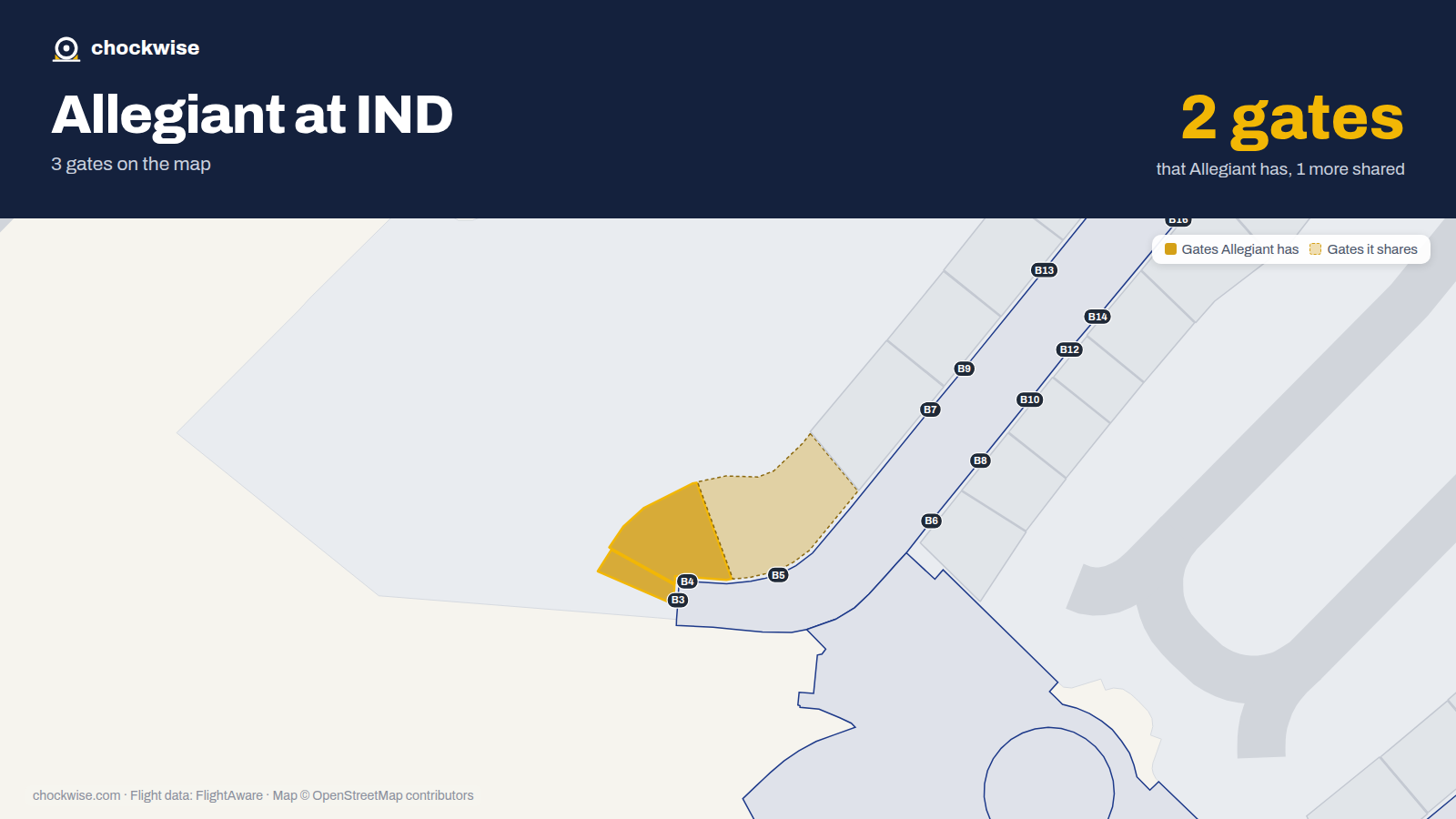 Map of IND with the gates Allegiant Air uses highlighted: B3 and B4.